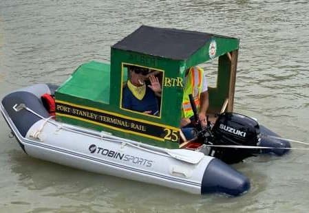 A dinghy dressed as a Port Stanley Terminal Rail engine