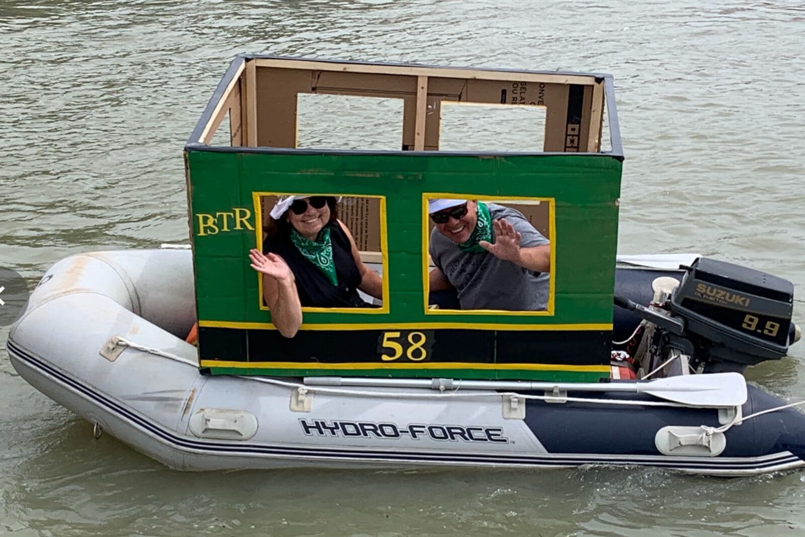 An inflatable dinghy dressed up as a trolley car